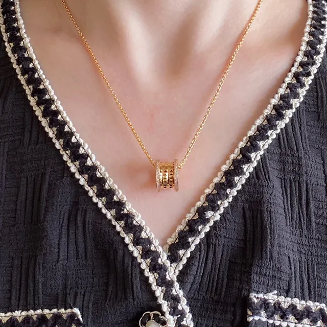 Gold Cylindrical Textured Pendant Necklace 9