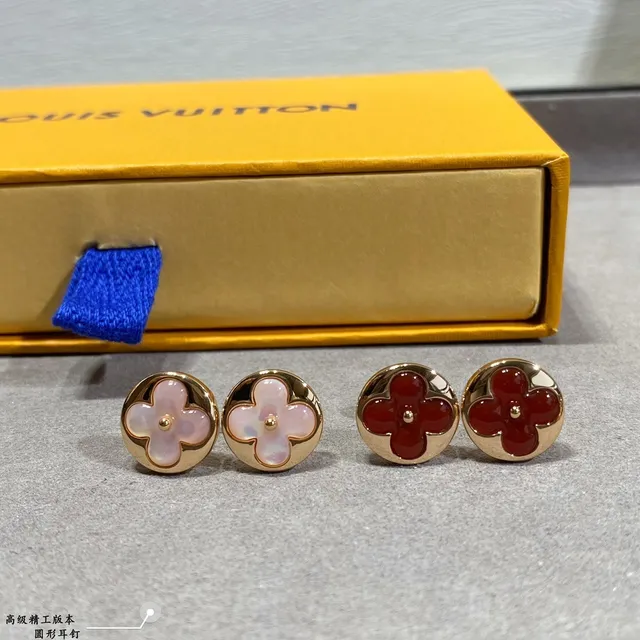 Gold Green Circular Stud Four-Petal Clover Inlay Earrings 2