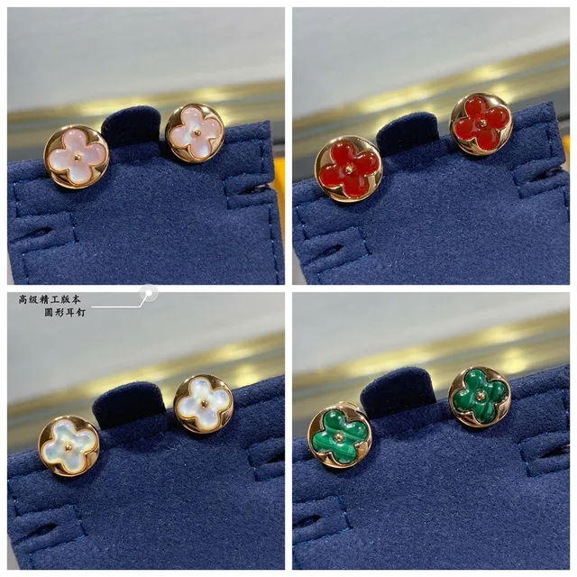 Gold Green Circular Stud Four-Petal Clover Inlay Earrings 6