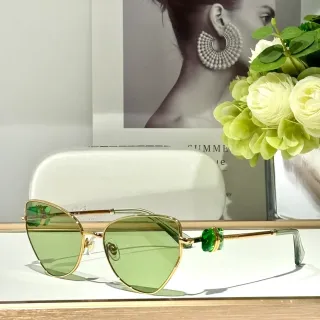 Gold Green Geometric Cat-Eye Silhouette Metal Frame Sunglasses