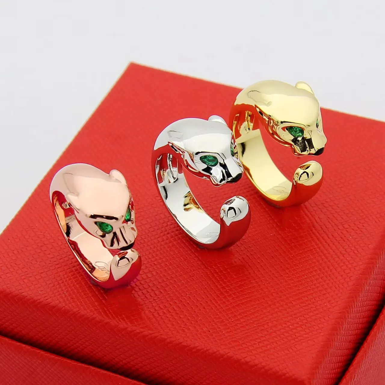 Gold Green Panther-Head Motif Open Adjustable Band Ring 2