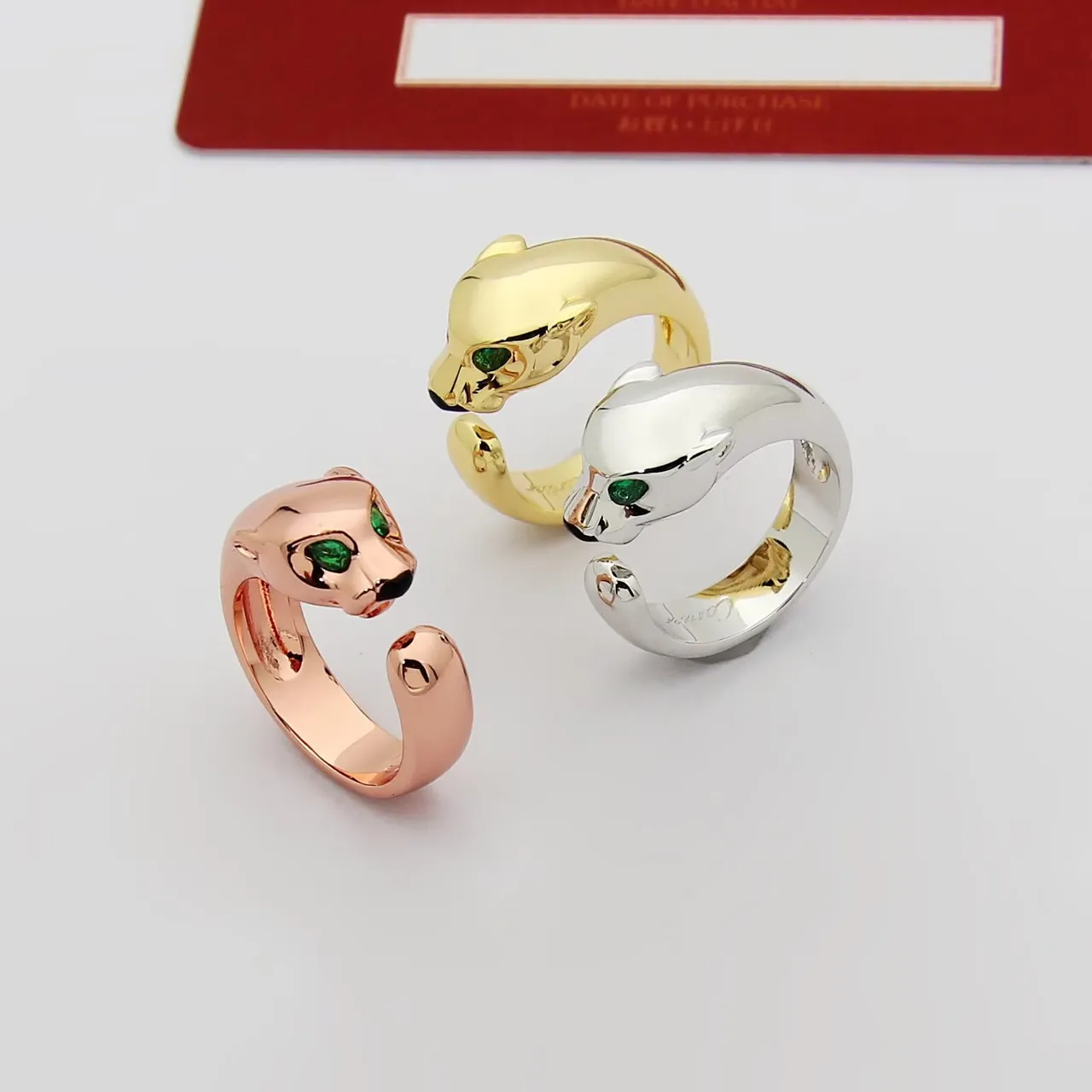 Gold Green Panther-Head Motif Open Adjustable Band Ring 7
