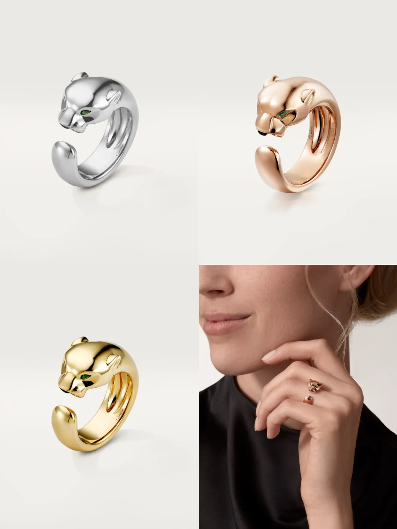 Gold Green Panther-Head Motif Open Adjustable Band Ring 8
