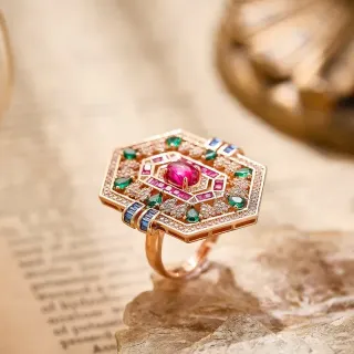 Gold Multicolor Hexagonal Geometric Multi-Gemstone Pavé Ring