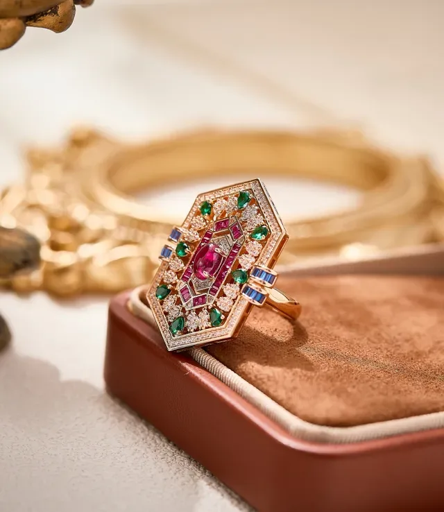 Gold Multicolor Hexagonal Geometric Multi-Gemstone Pavé Ring 5
