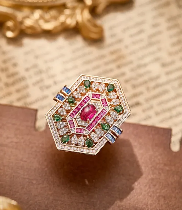 Gold Multicolor Hexagonal Geometric Multi-Gemstone Pavé Ring 8