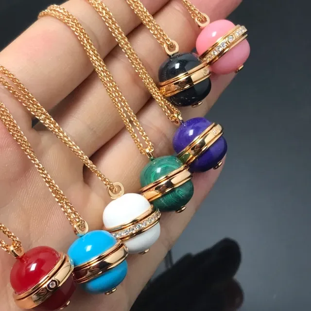 Gold Multicolor Spherical Gemstone Pendants Double-Band Setting Necklace 3