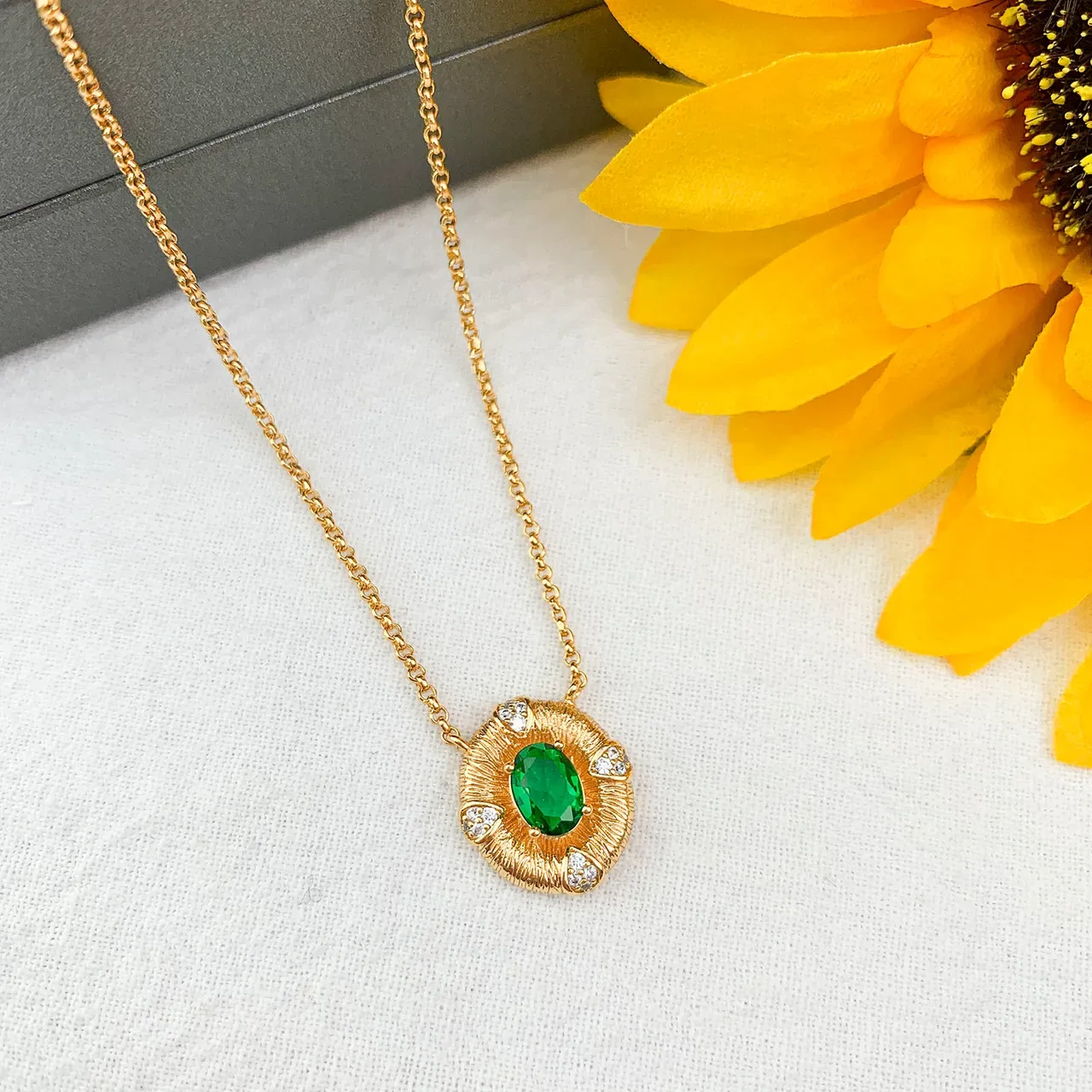 Gold Multicolor Textured Bezel Oval Central Gemstone Necklace 4