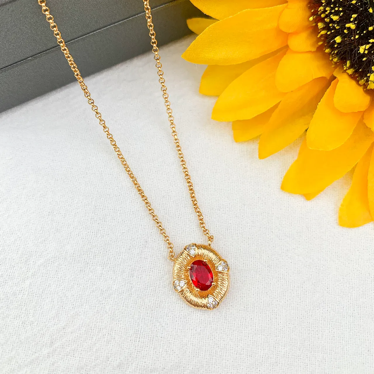 Gold Multicolor Textured Bezel Oval Central Gemstone Necklace 5