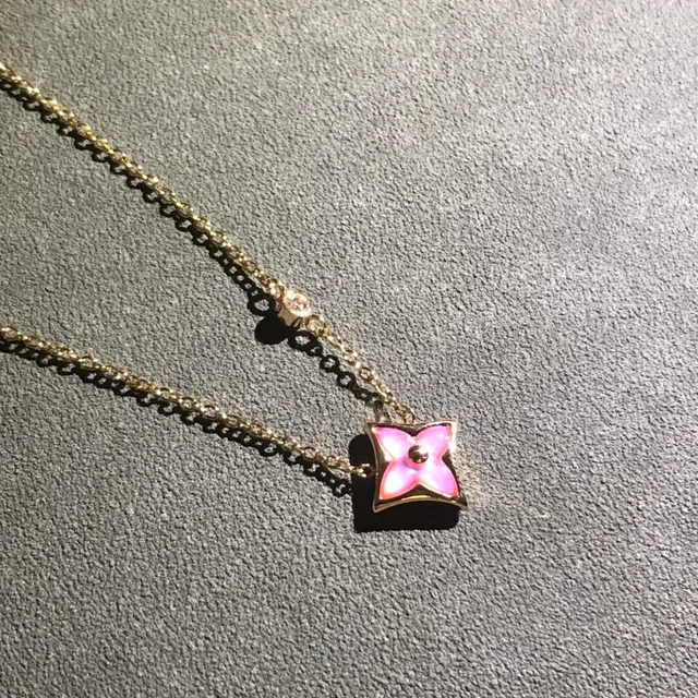 Gold Pink Chain Square Pendant Necklace 2