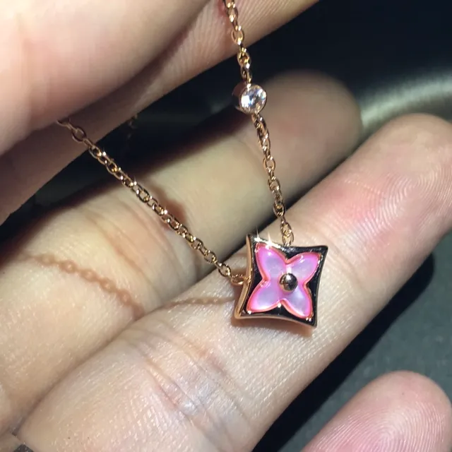 Gold Pink Chain Square Pendant Necklace 3