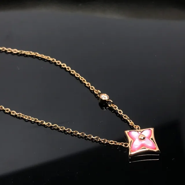 Gold Pink Chain Square Pendant Necklace 4