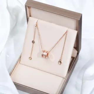 Gold Pink Rose Chain Cylindrical Multi-Band Pendant Necklace