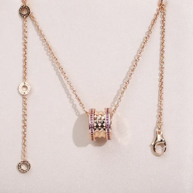 Gold Pink Rose Chain Cylindrical Multi-Band Pendant Necklace 3
