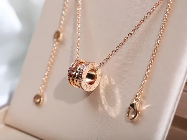 Gold Pink Rose Chain Cylindrical Multi-Band Pendant Necklace 5