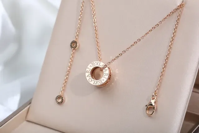Gold Pink Rose Chain Cylindrical Multi-Band Pendant Necklace 6