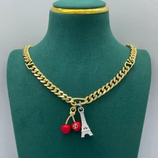 金红色锯齿链多魅力吊坠项链