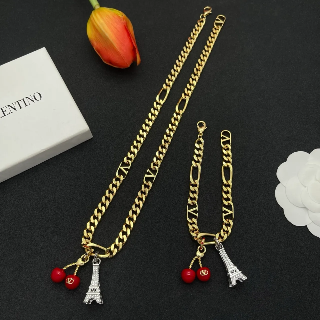 Gold Red Curb Chain Multi-Charm Pendant Necklace 2