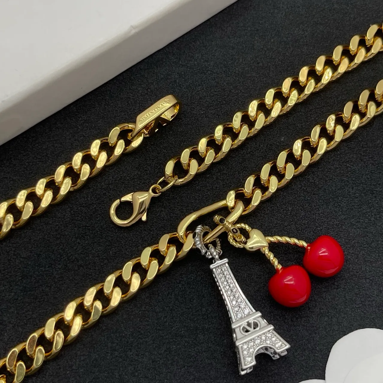 Gold Red Curb Chain Multi-Charm Pendant Necklace 3