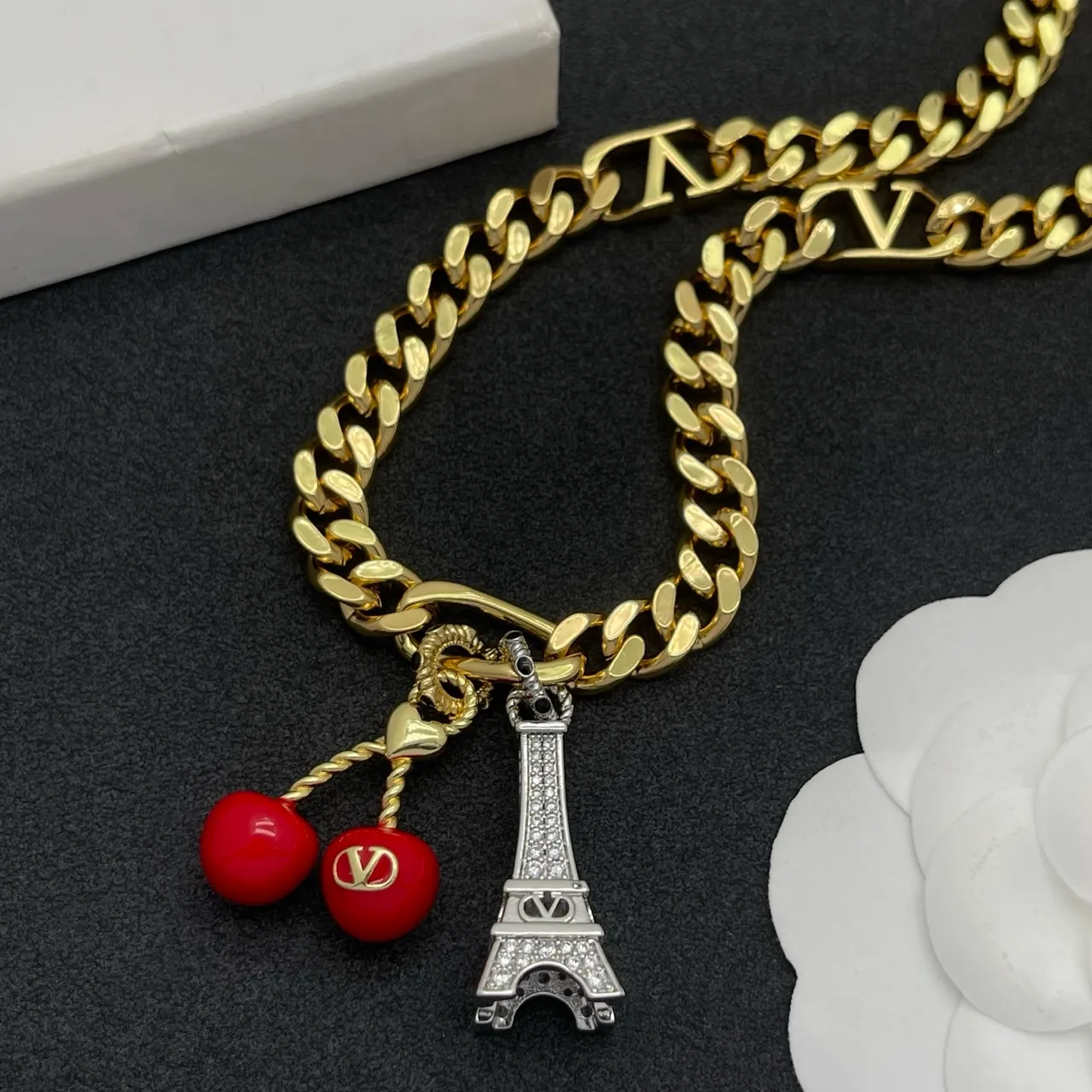 Gold Red Curb Chain Multi-Charm Pendant Necklace 6