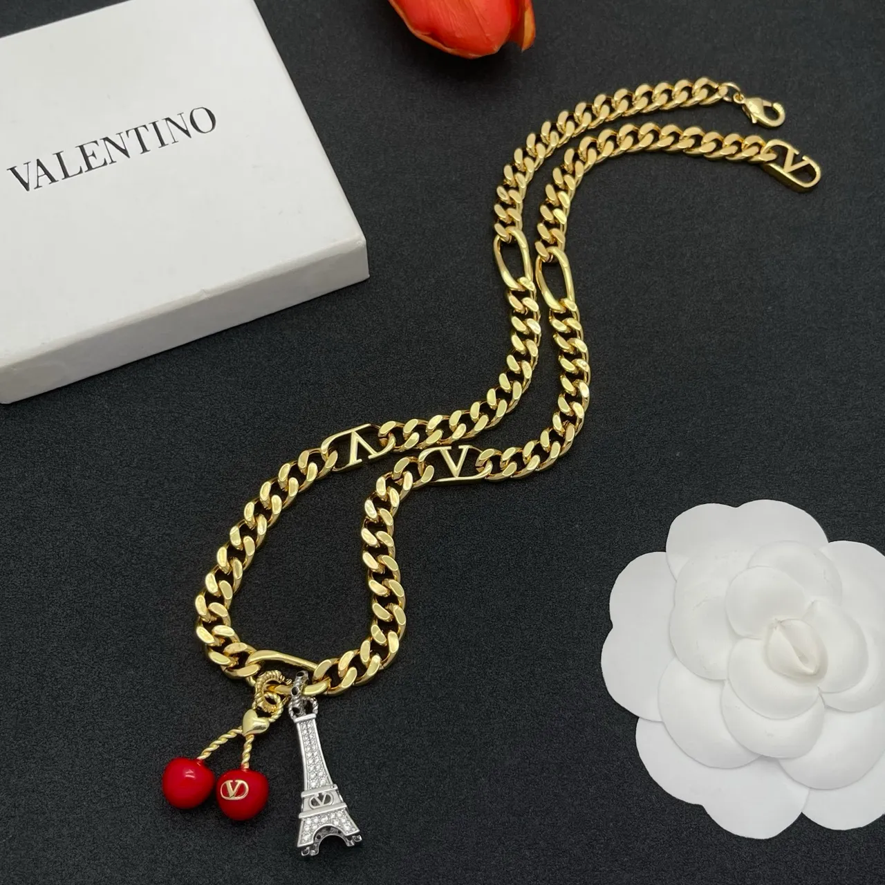 Gold Red Curb Chain Multi-Charm Pendant Necklace 7