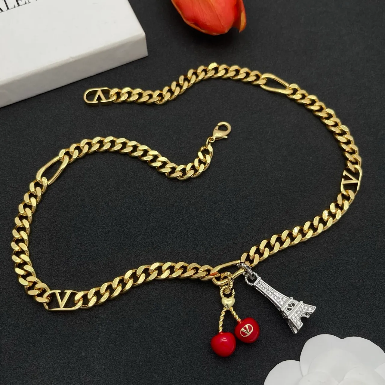 Gold Red Curb Chain Multi-Charm Pendant Necklace 8