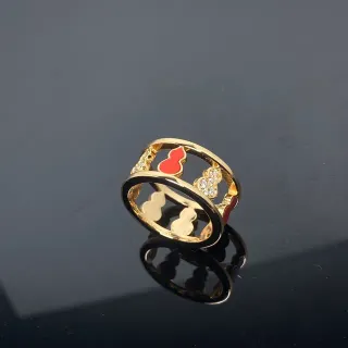 Gold Red Double-Band Enamel-Accented Ring