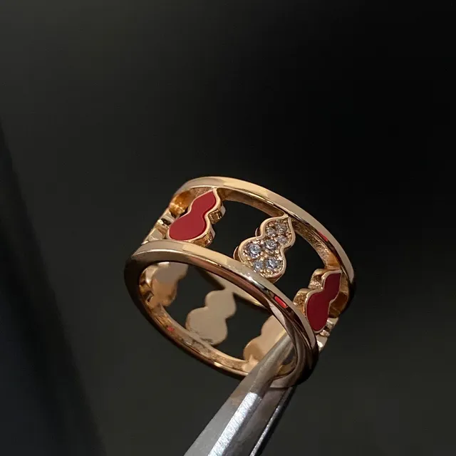 Gold Red Double-Band Enamel-Accented Ring 2