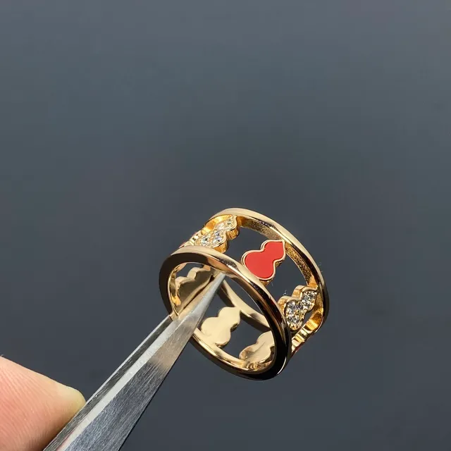 Gold Red Double-Band Enamel-Accented Ring 3