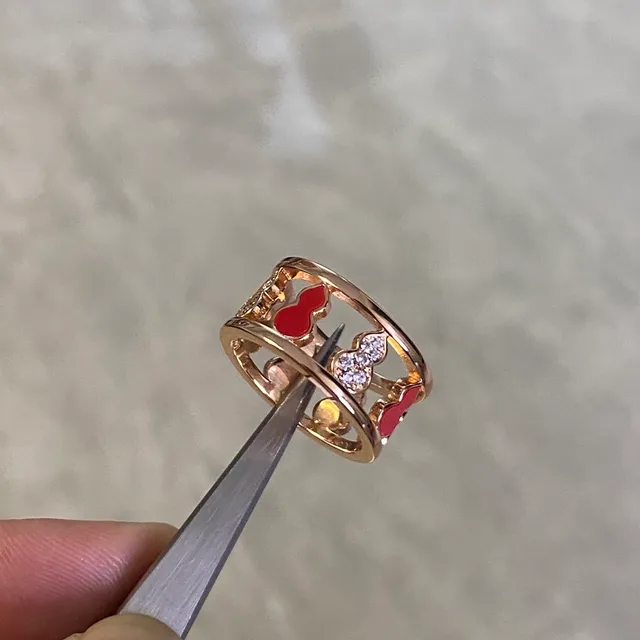 Gold Red Double-Band Enamel-Accented Ring 4