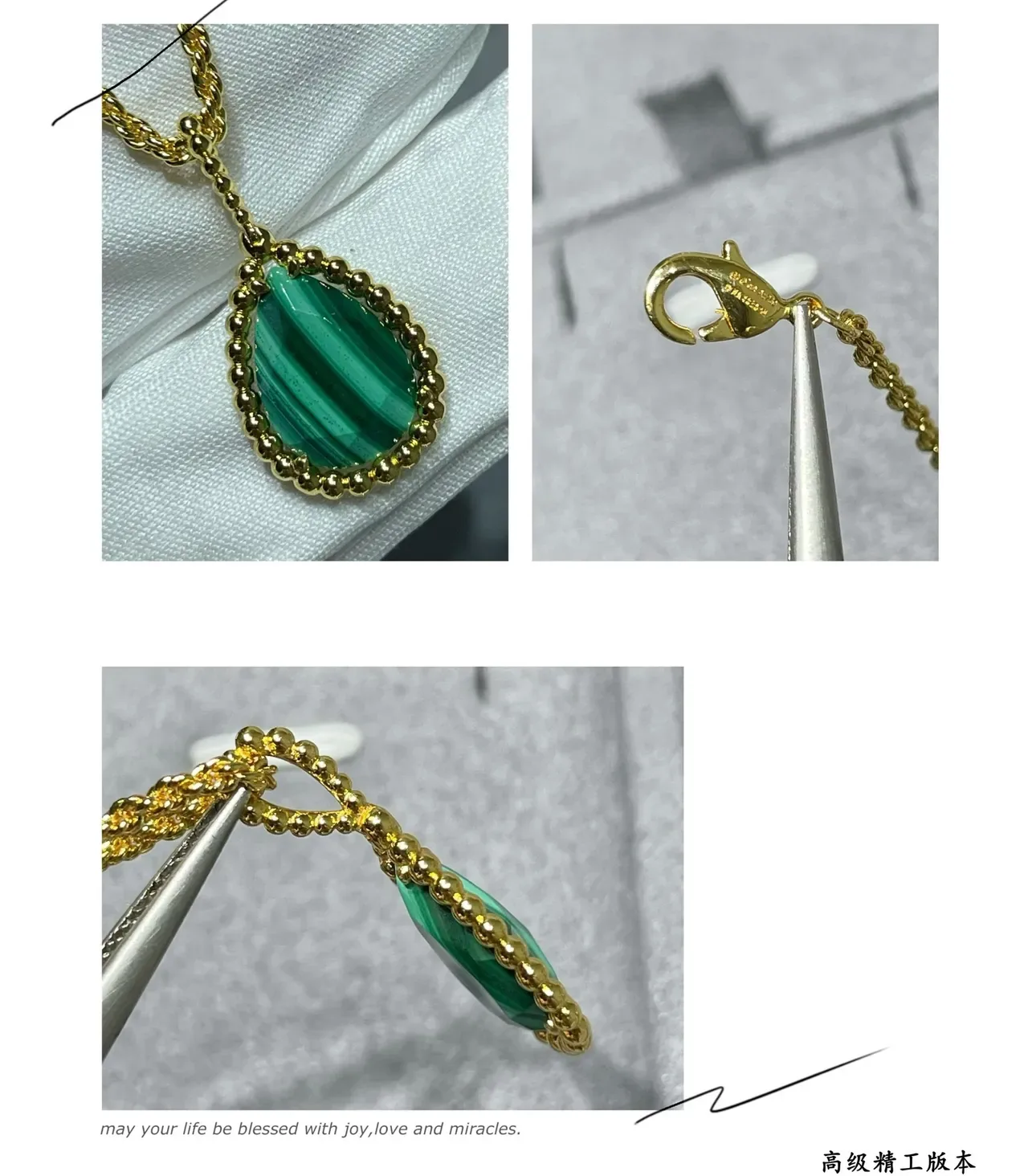 Gold Rope Chain Teardrop Malachite Bezel Pendant Necklace 2