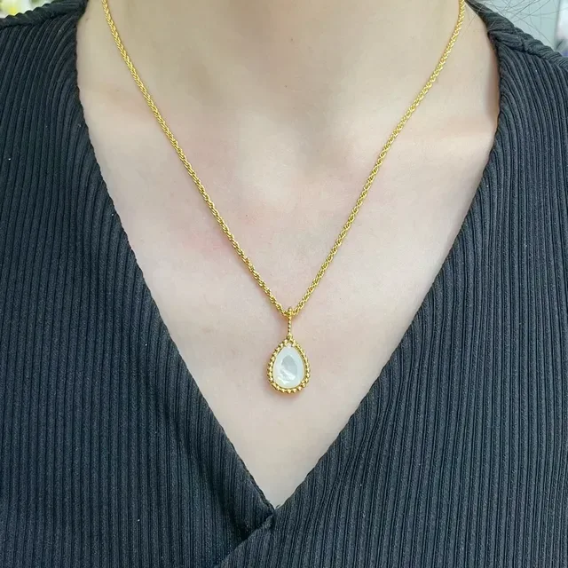 Gold Rope Chain Teardrop Malachite Bezel Pendant Necklace 9