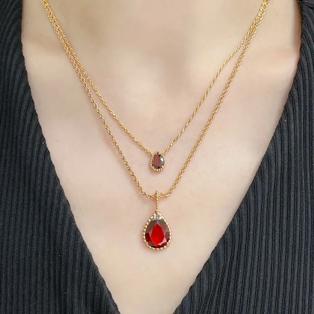 Gold Rope Chain Teardrop Red Gemstone Bezel Pendant Necklace 9