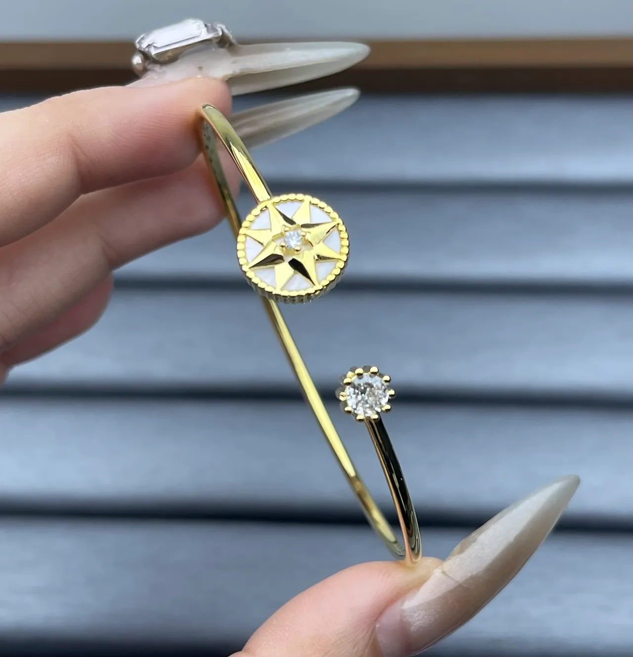 Gold Silver and Rose Gold Compass-Star and Solitaire Crystal Open Bangle Bracelets 2