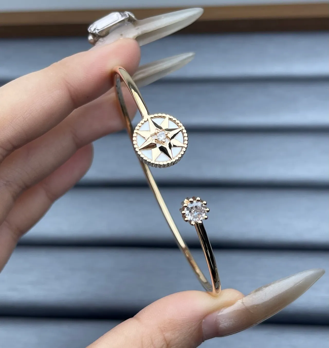 Gold Silver and Rose Gold Compass-Star and Solitaire Crystal Open Bangle Bracelets 4
