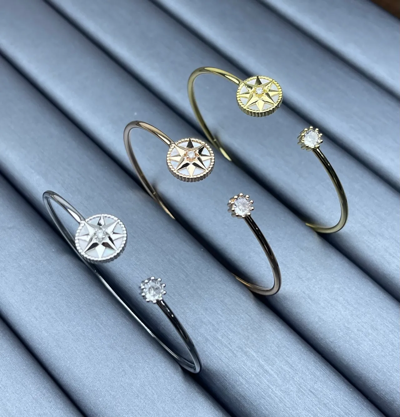 Gold Silver and Rose Gold Compass-Star and Solitaire Crystal Open Bangle Bracelets 5