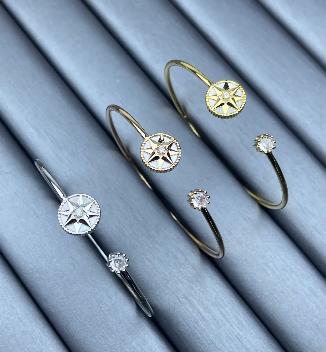 Gold Silver and Rose Gold Compass-Star and Solitaire Crystal Open Bangle Bracelets 6