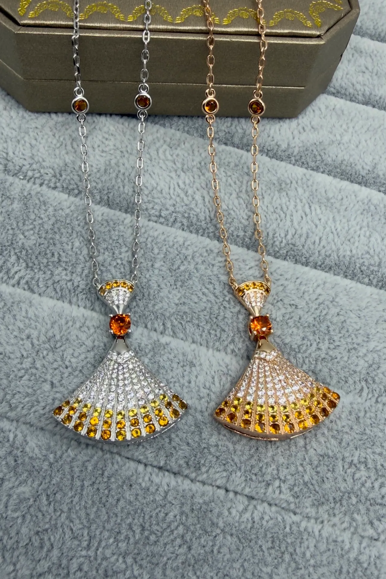 Gold Silver Fan-Shaped Pendant Pavé-Set Stones Necklace 6