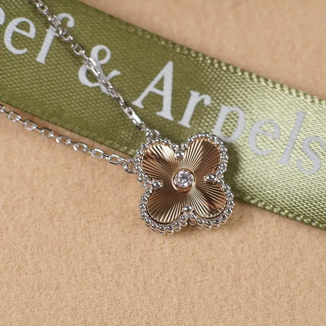Gold Silver Four-Petal Floral Pendant Sunburst-Textured Petals Necklace 2