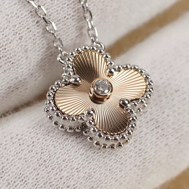 Gold Silver Four-Petal Floral Pendant Sunburst-Textured Petals Necklace 5