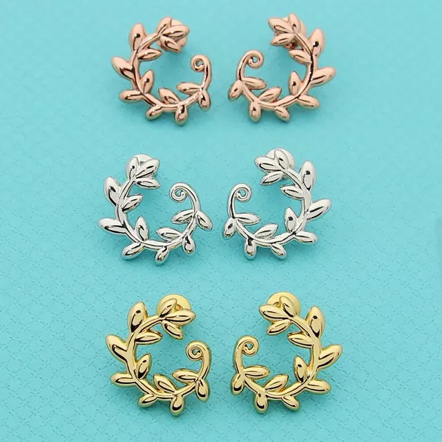 Gold Silver Leaf-Motif Hoop-Style Earrings 3