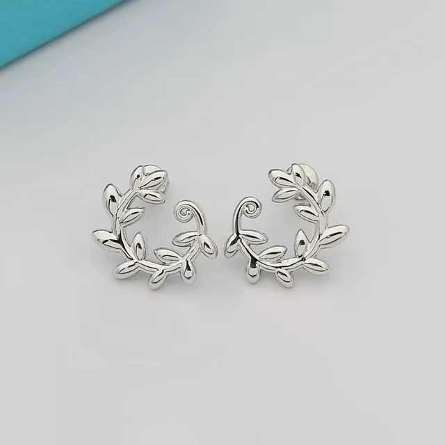 Gold Silver Leaf-Motif Hoop-Style Earrings 4
