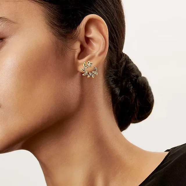 Gold Silver Leaf-Motif Hoop-Style Earrings 8