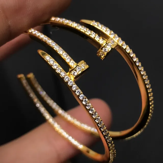 Gold Silver Pavé-Crystal-Encrusted Nail-Motif Bracelet 3