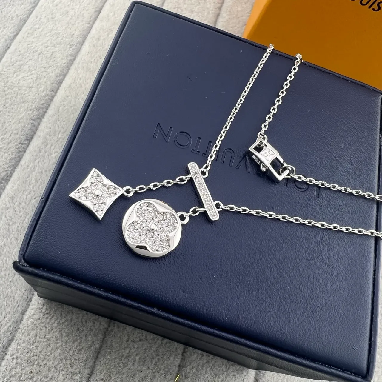Gold Silver Pavé-Set Floral And Diamond-Shaped Pendants Bar-Link Connector Detail Necklace 4