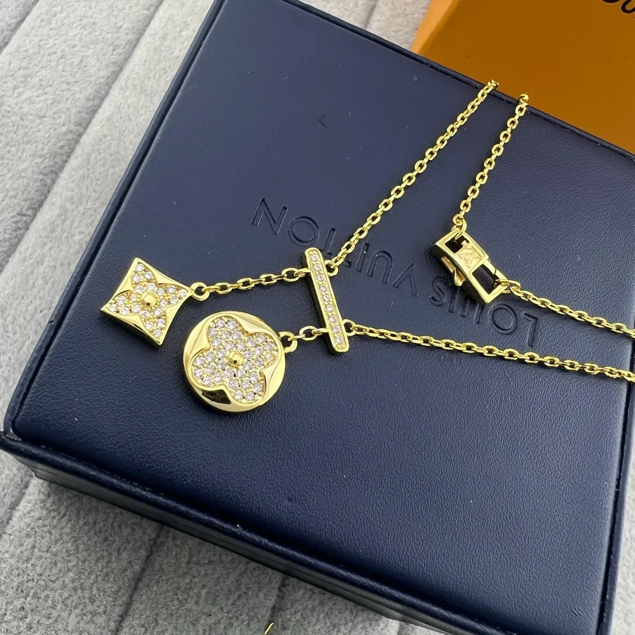 Gold Silver Pavé-Set Floral And Diamond-Shaped Pendants Bar-Link Connector Detail Necklace 5
