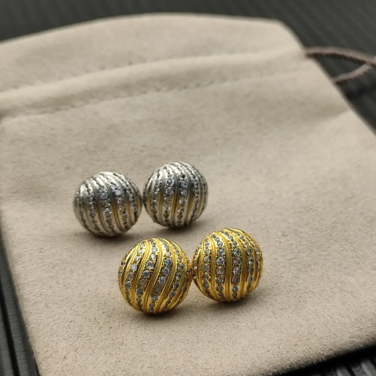 Gold Silver Ribbed Spherical Metallic Earrings 2