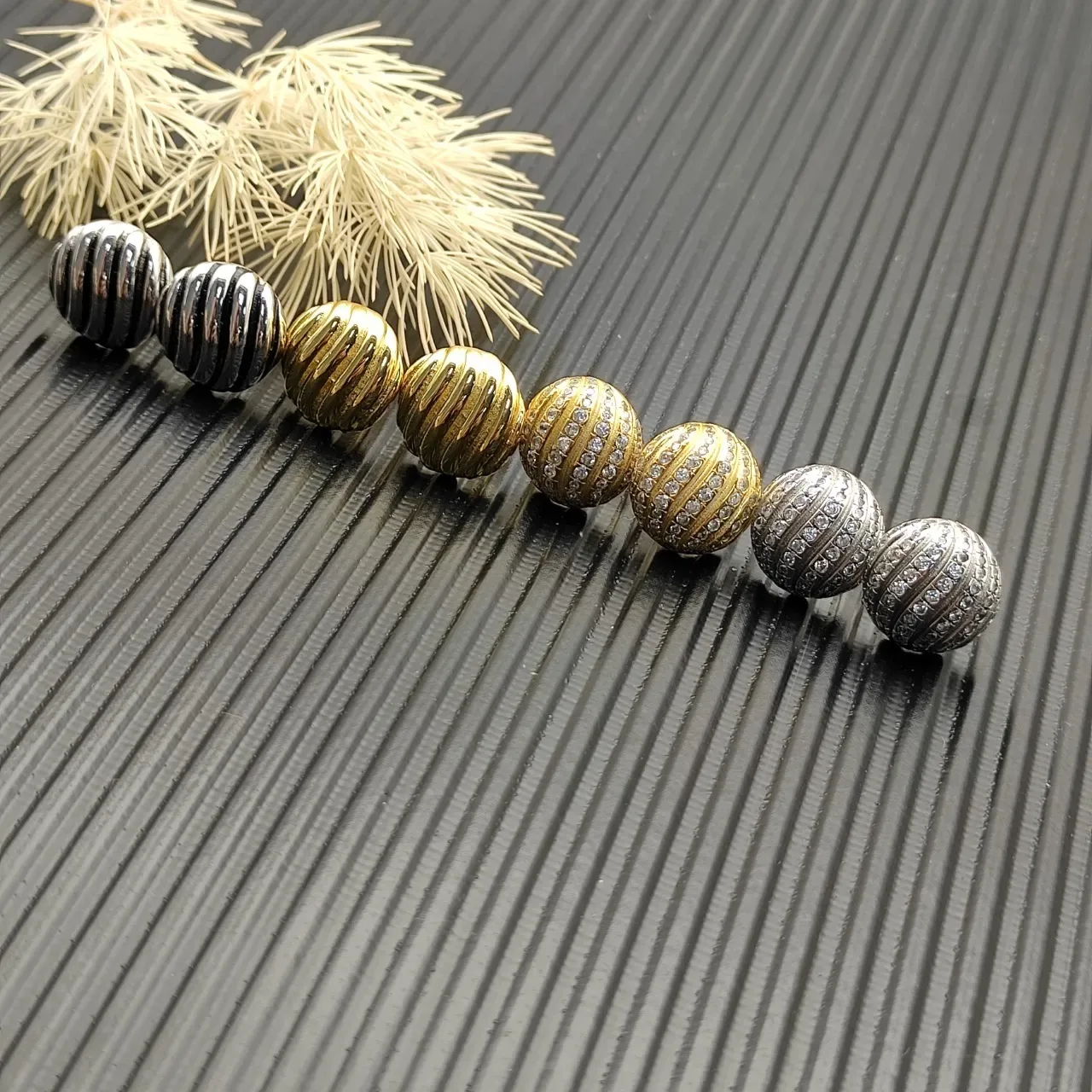 Gold Silver Ribbed Spherical Metallic Earrings 3