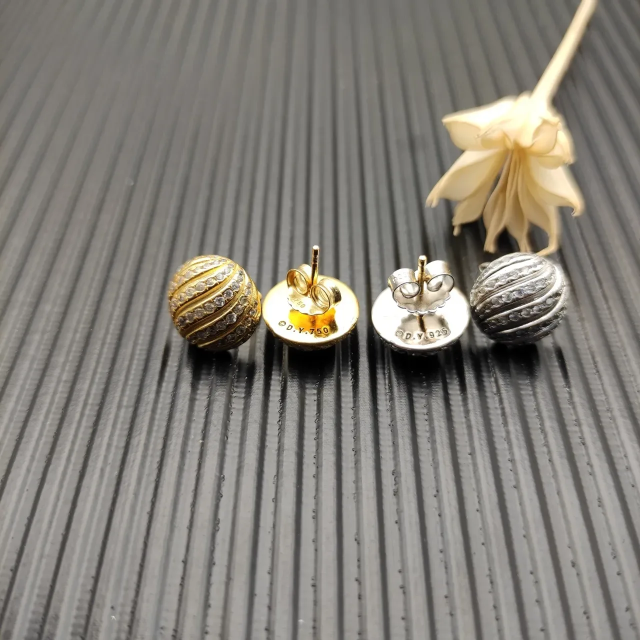 Gold Silver Ribbed Spherical Metallic Earrings 5