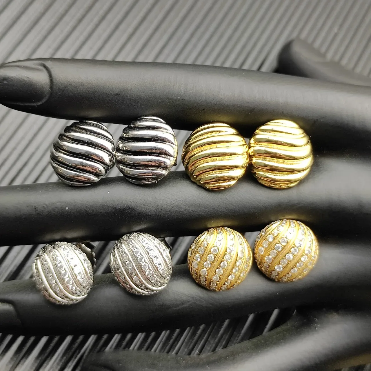Gold Silver Ribbed Spherical Metallic Earrings 7